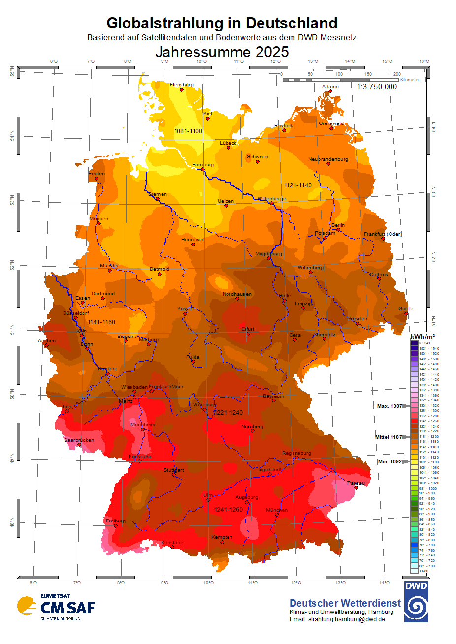Karte mit der Globalstrahlung in Deutschland vom Deutschen Wetterdienst in der Jahressumme 2025