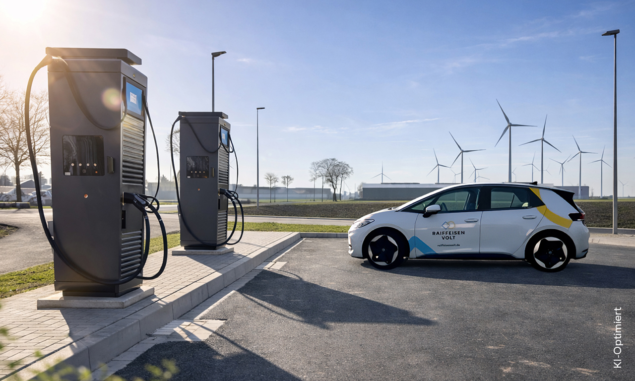 RaiffeisenVolt Photovoltaik und Wallbox für E-Mobilität Elektroauto von RaiffeisenVolt vor einer Ladestation