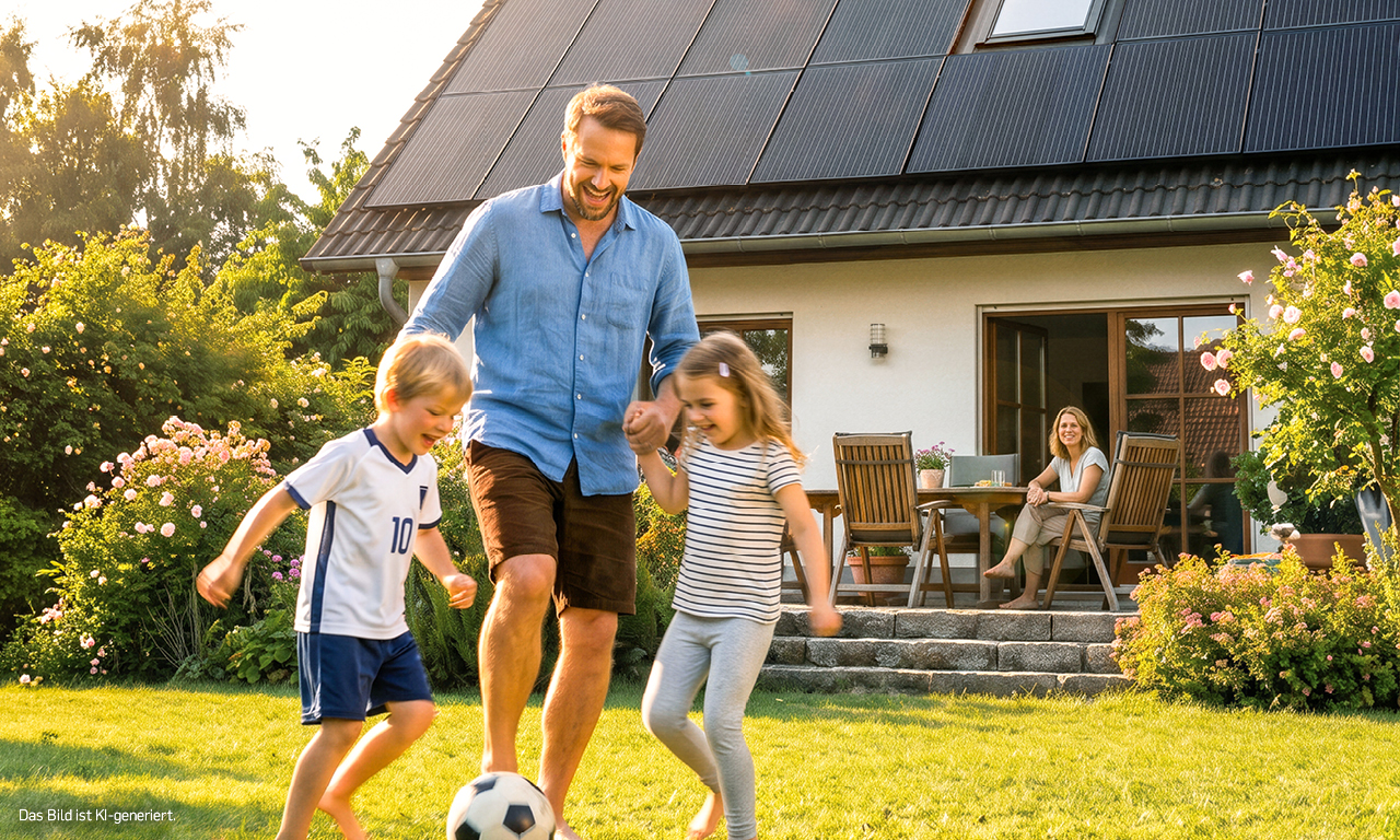 Vater spielt im Garten Fußball mit seinen zwei Kindern. Im Hintergrund schaut die Mutter lächelnd von der Terrasse aus zu. Das Hausdach ist mit schwarzen PV-Modulen belegt.