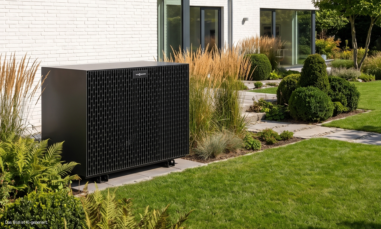 Eine schwarze Wärmepumpe von Viessmann steht im Garten vor einem Haus mit weißem Klinker.