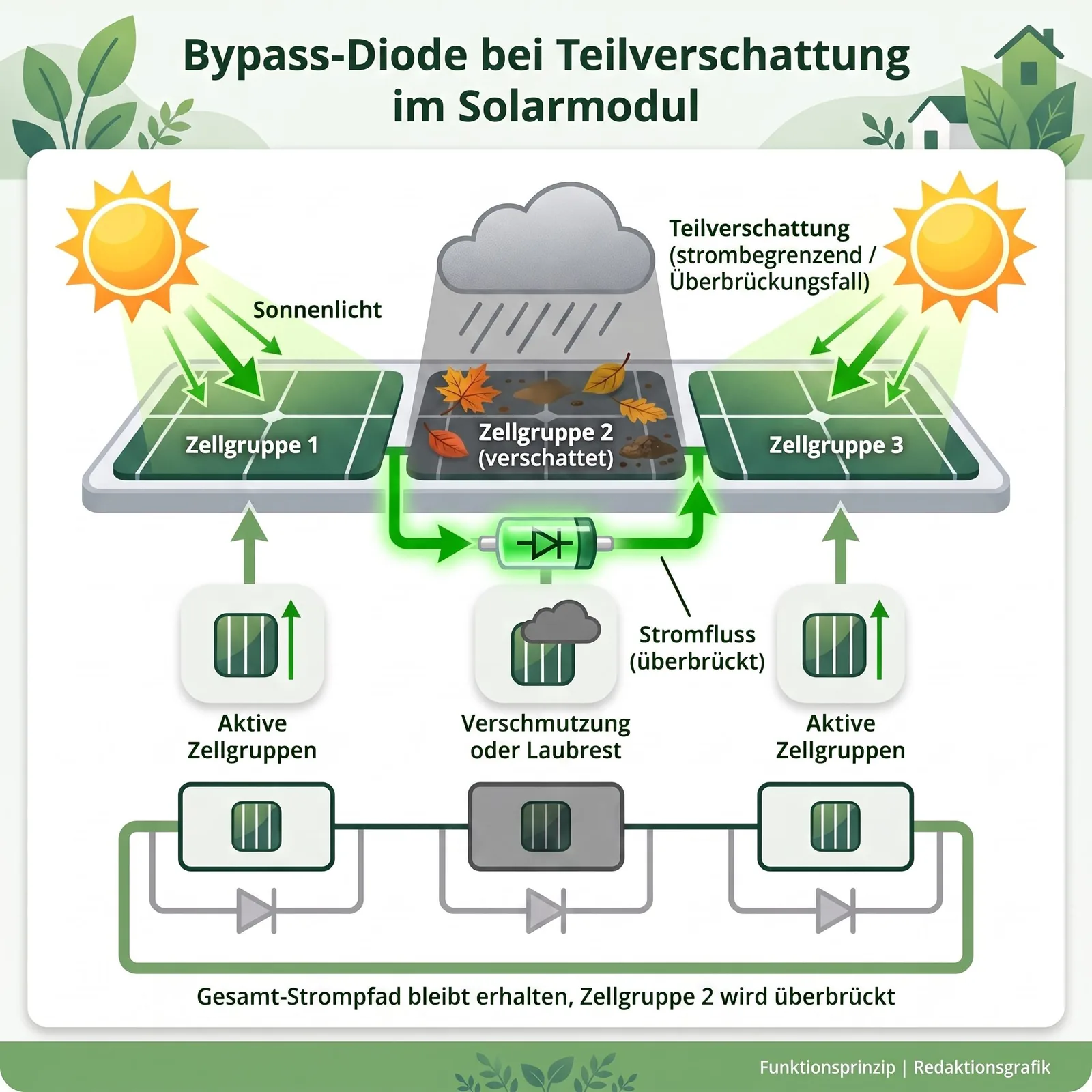 Bypass-Diode teilverschatteten Solarmodul Schemazeichnung Solarmoduls