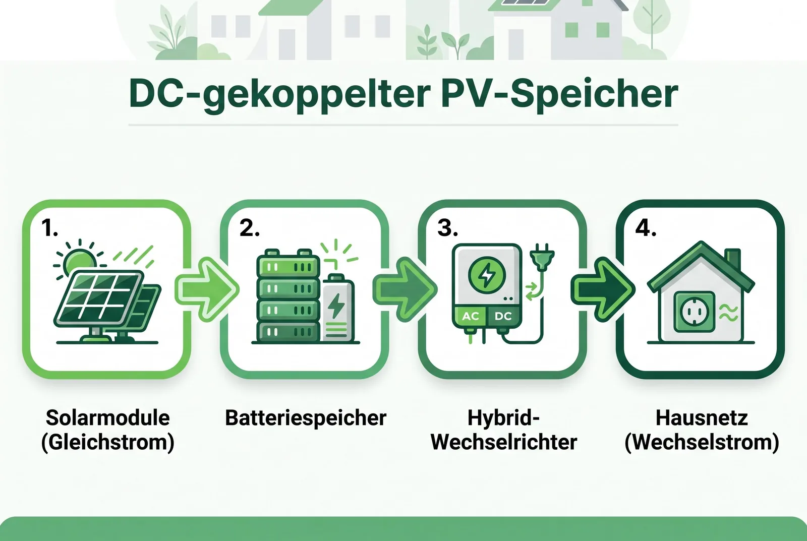 DC-gekoppelter PV-Speicher Stromweg einer PV-Anlage DC-Speicher als Ablaufdiagramm Solarmodule Gleichstrom Batteriespeicher