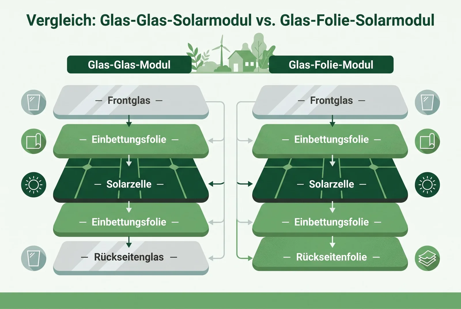 Glas-Glas-Solarmodul Zwei nebeneinanderliegende Querschnitte durch Solarmodule