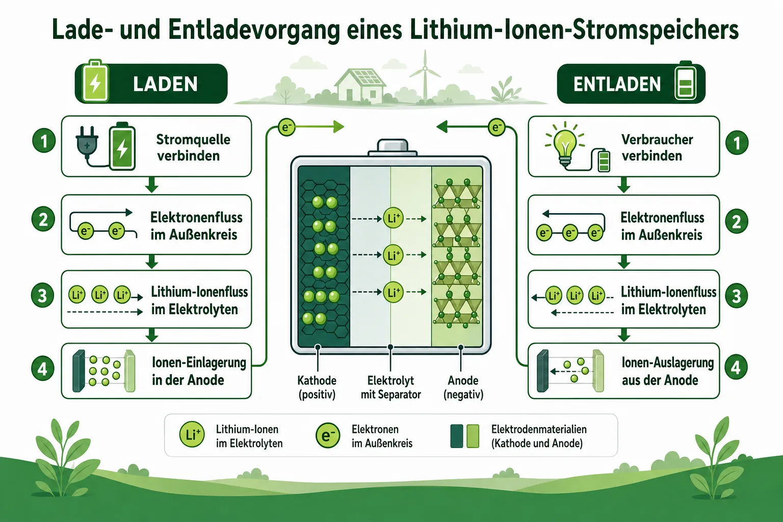 Lade- Entladevorgang Lithium-Ionen-Stromspeichers Ablaufgrafik
