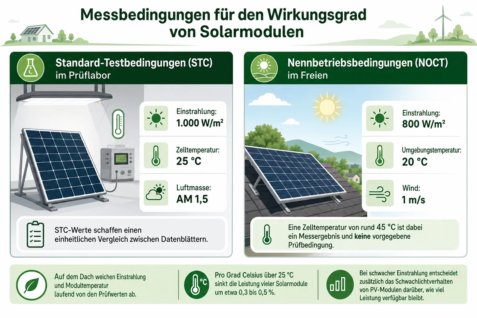 Messbedingungen Wirkungsgrad Solarmodulen Vergleichsgrafik Standard-Testbedingungen machen Datenblattwerte vergleichbar