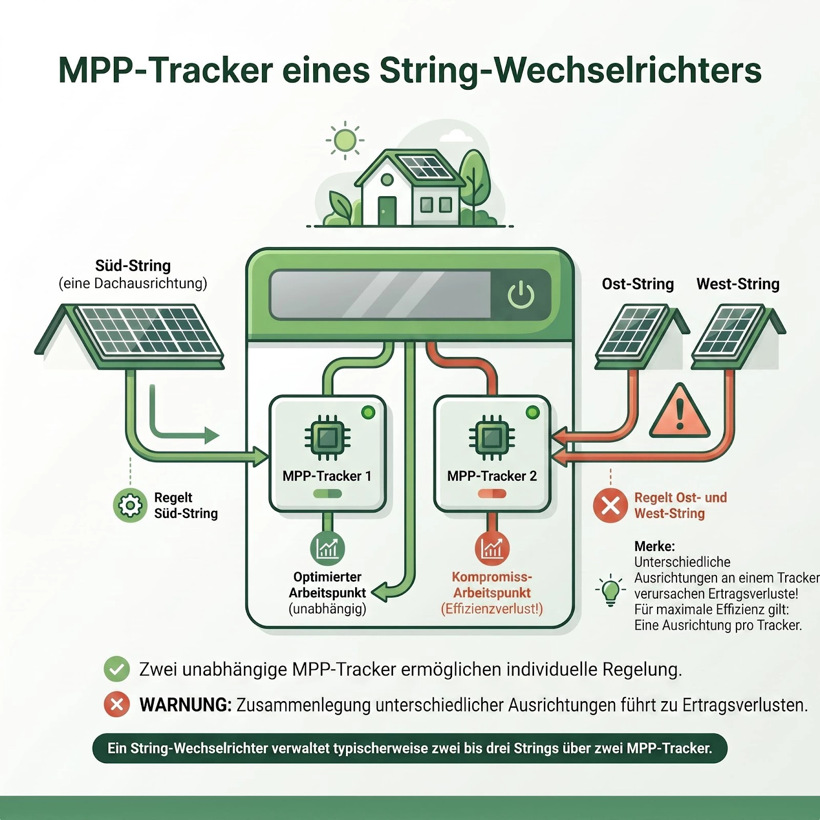 MPP-Tracker String-Wechselrichter Süd-String eigener Tracker Ost- und West-String gemeinsamer Tracker Ertragsverlust