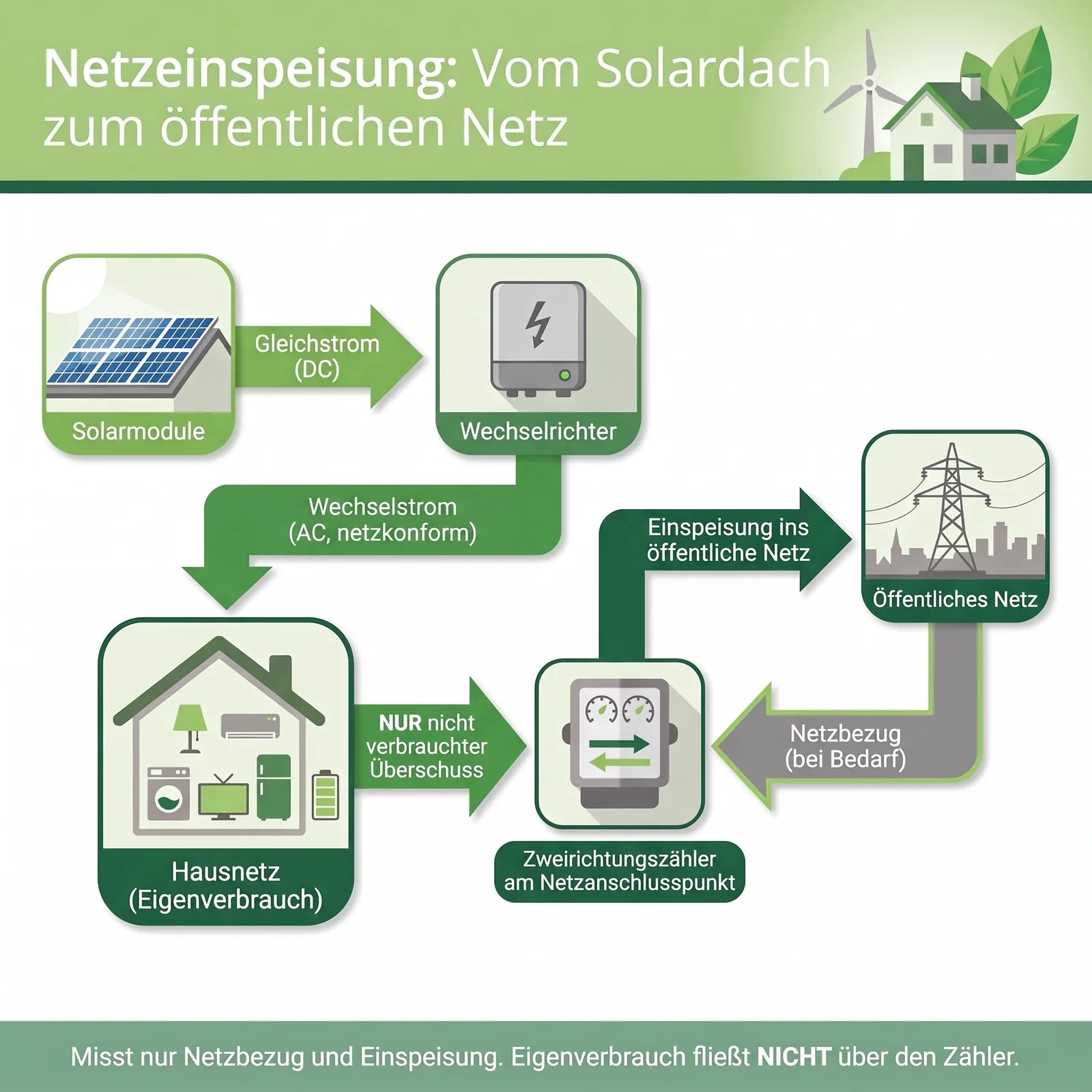 Netzeinspeisung Solarmodule Wechselrichter Hausnetz Eigenverbrauch Zweirichtungszähler öffentliches Netz