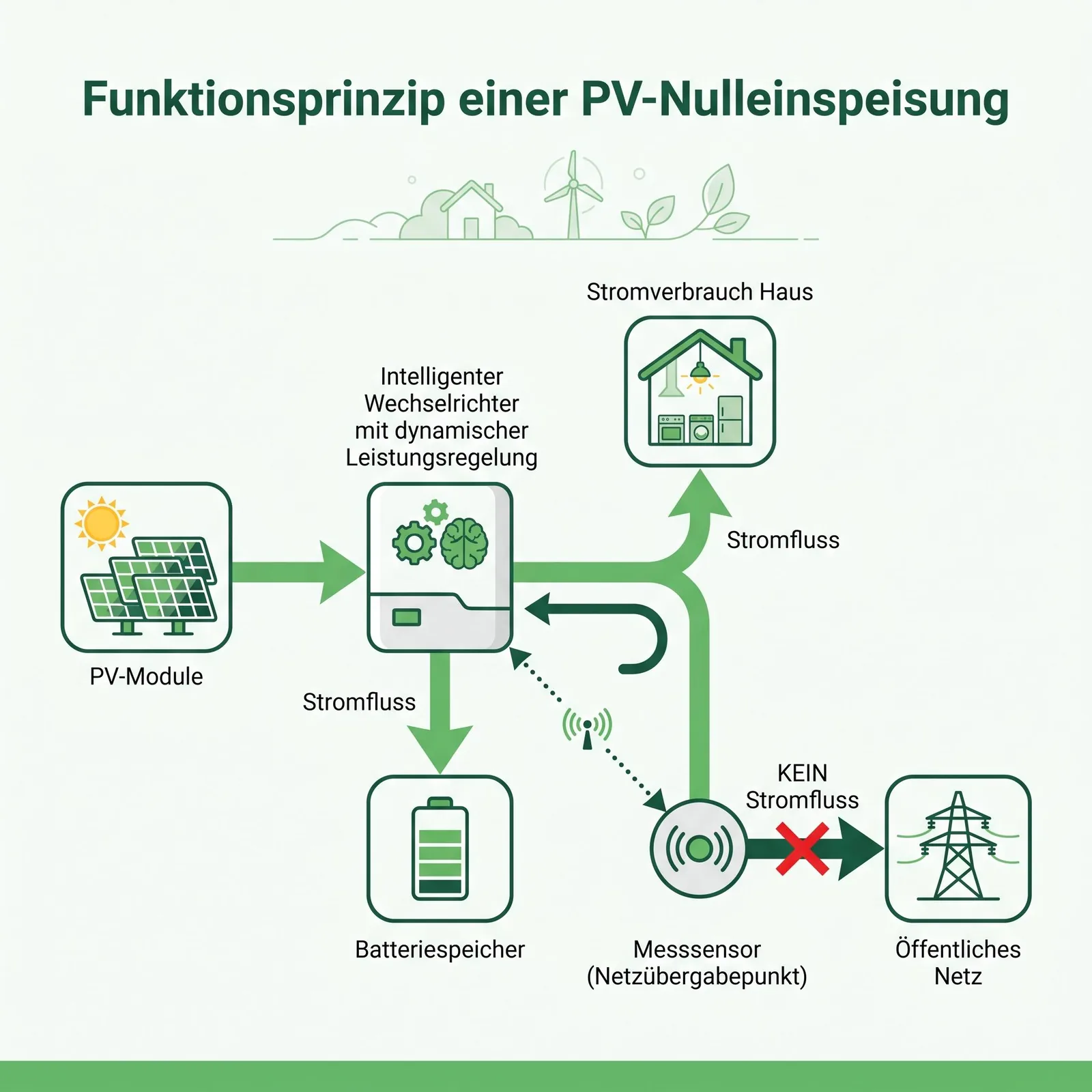 Nulleinspeisung Funktionsprinzip einer PV-Module intelligenter Wechselrichter dynamischer Leistungsregelung Messsensor