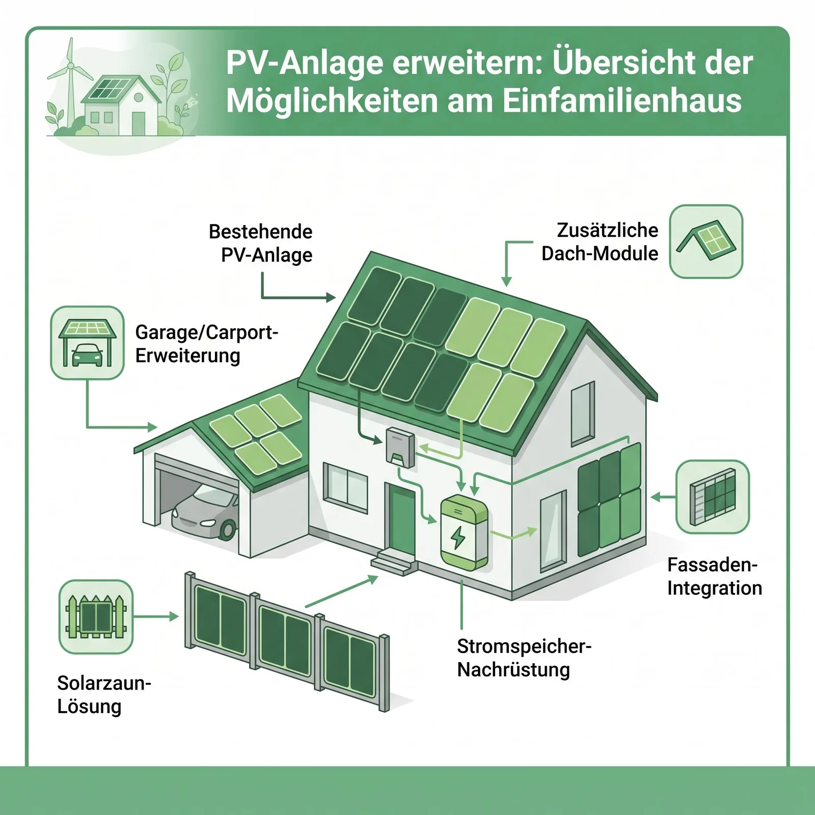 PV-Anlage erweitern darauf sollten Sie achten - Übersicht Erweiterungswege PV-Anlage erweitern Übersicht Erweiterungswege einem Einfamilienhaus zusätzliche Dachmodule Fassade Garage Carport Solarzaun