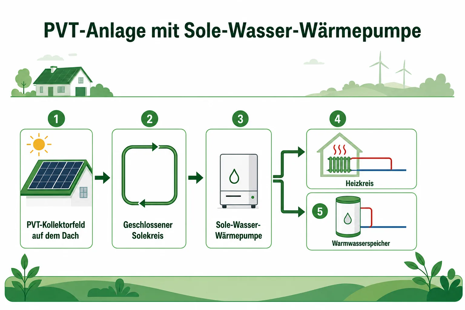 PVT-Anlage mit Sole-Wasser-Wärmepumpe: PVT-Module PVT-Anlage Sole-Wasser-Wärmepumpe Ablaufgrafik PVT-Kollektorfeld führt Umweltwärme über Solekreis Wärmepumpe